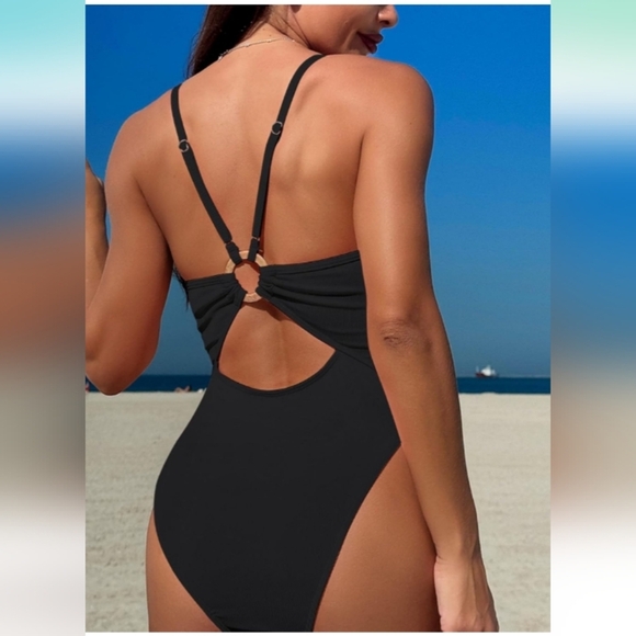 Swimall One Piece Tummy Control Cutout High Waist Ruched Retro W/ O- Ring Size S - Picture 5 of 14